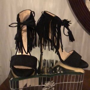 Black fringe suede sandals